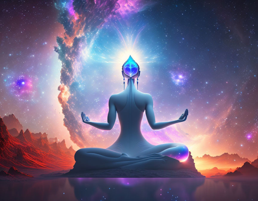 Figure meditating with glowing chakras in cosmic landscape.