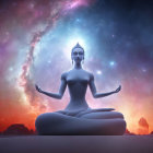 Figure meditating with glowing chakras in cosmic landscape.