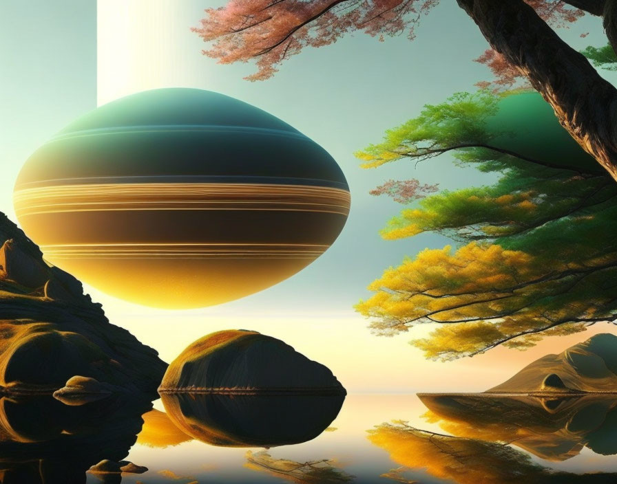 Tranquil landscape with lush trees and alien planets reflected in water