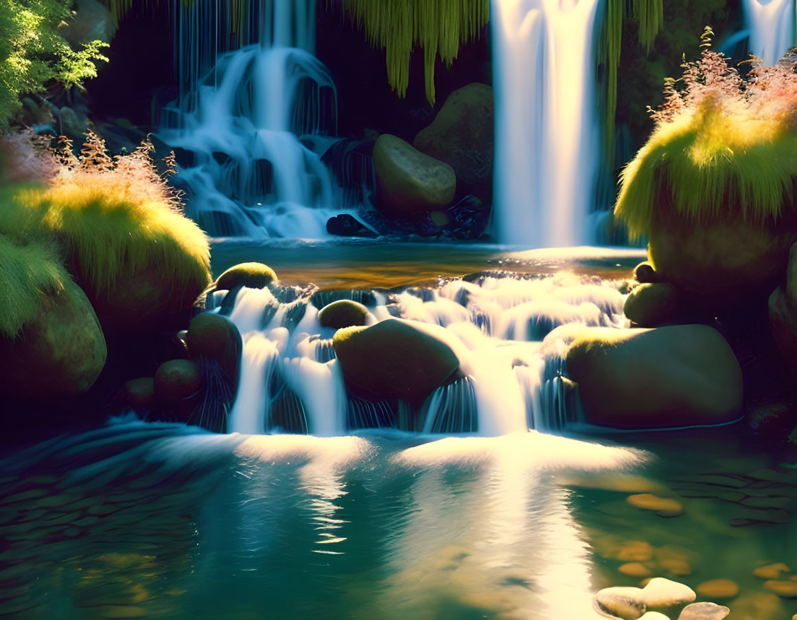 Tranquil waterfall in lush setting with warm light