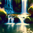 Tranquil waterfall in lush setting with warm light