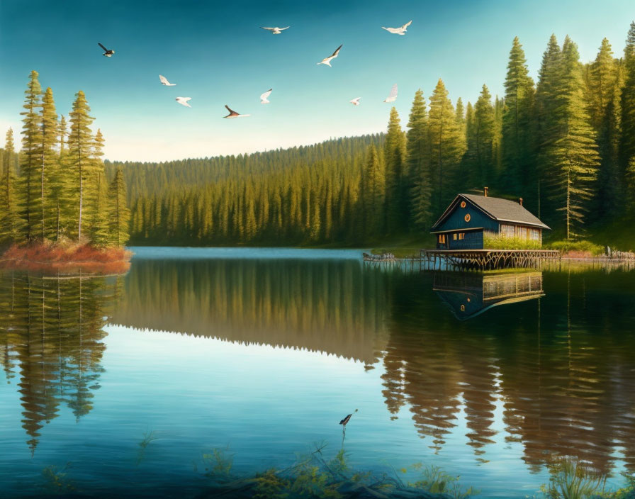 Serene lake scene with wooden house on stilts, pine trees, and birds.