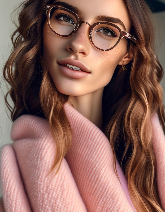 Portrait of woman with wavy hair, pink sweater, round glasses, gentle smile, and freck