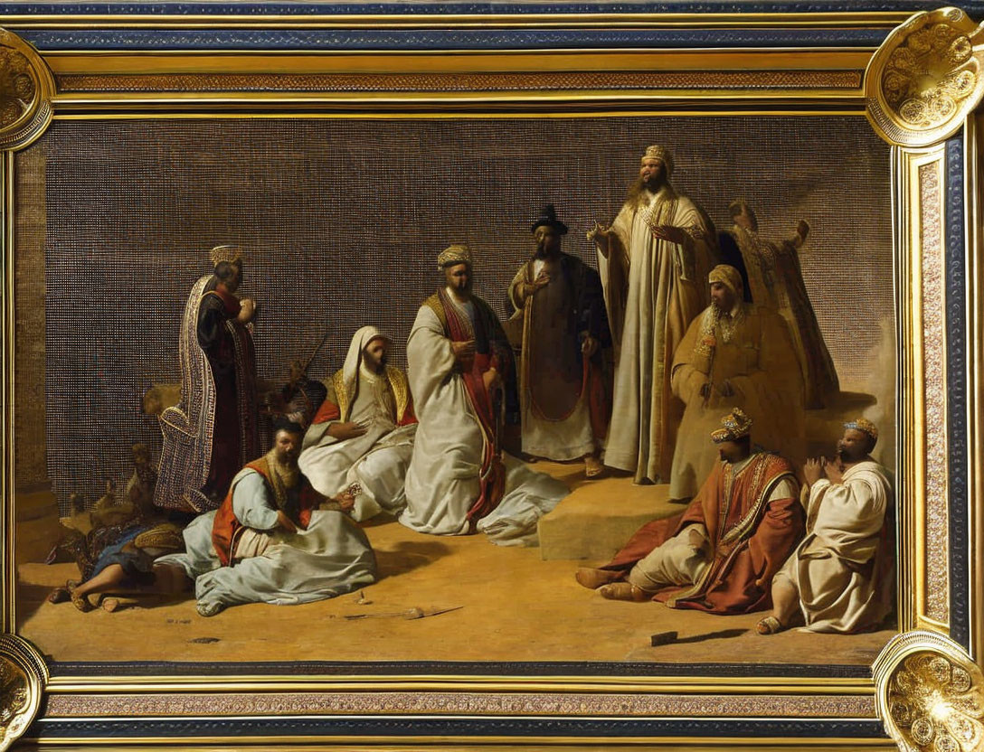 Biblical scene painting with multiple figures in traditional attire