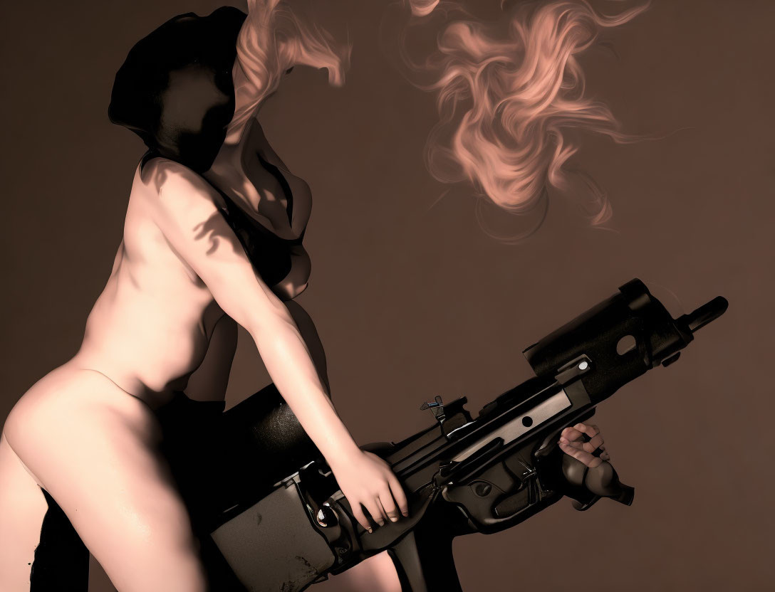 Stylized image of person with flowing hair and large firearm on monochromatic background