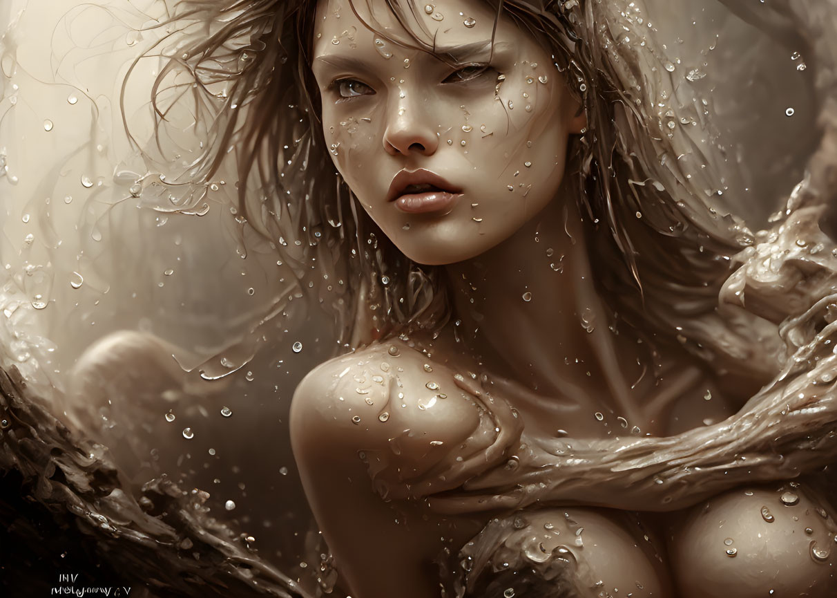 Sepia-Toned Digital Artwork: Woman Amid Water Droplets