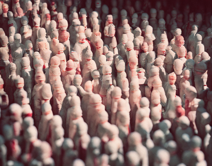 Crowded red and white terracotta warrior figurines pattern.