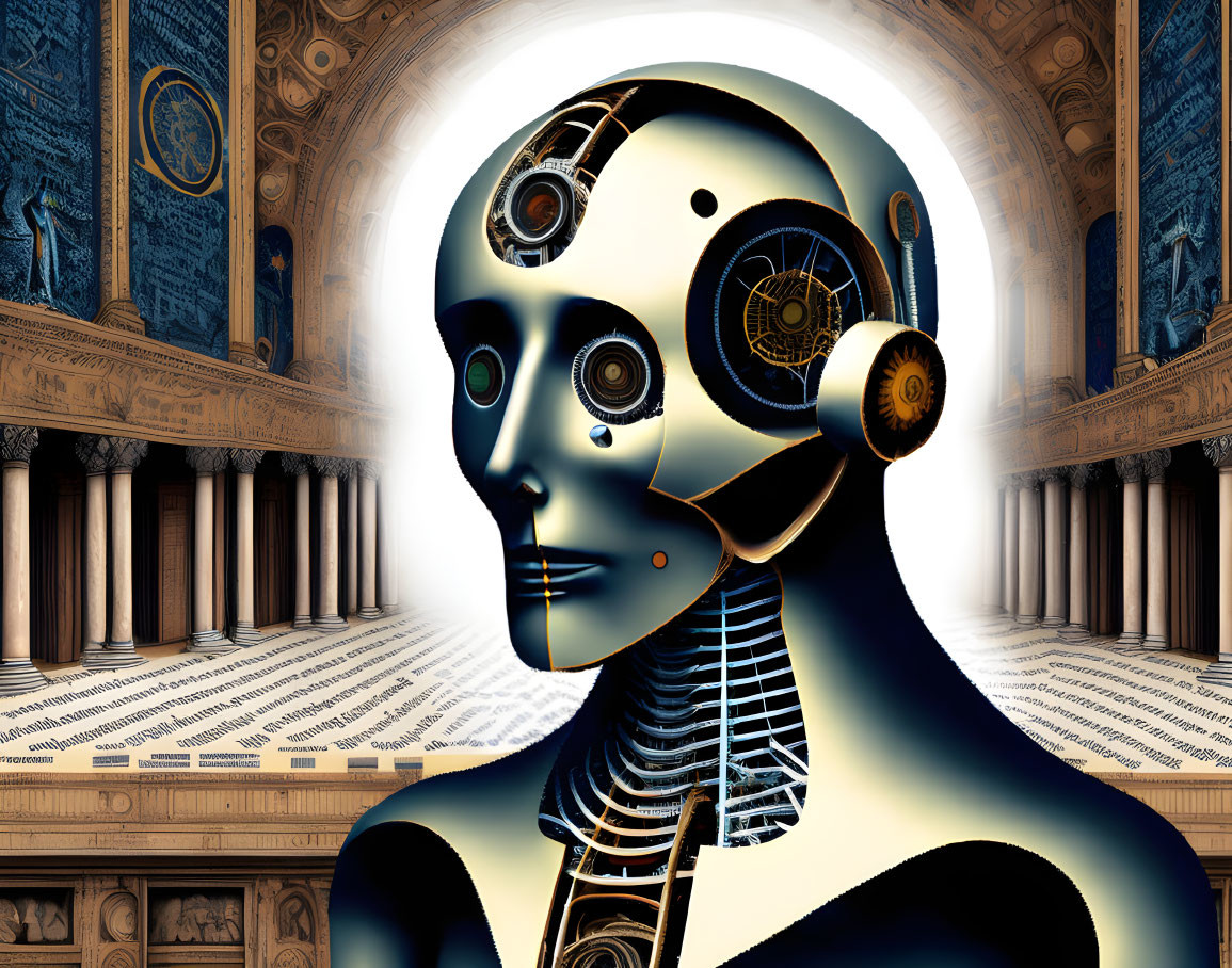 Digital art portrait of humanoid robot with intricate designs against neoclassical architectural background.