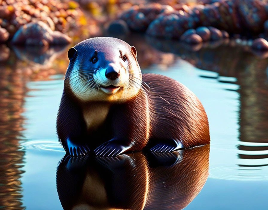 Friendly Otter Sitting by Water's Edge with Colorful Pebbles