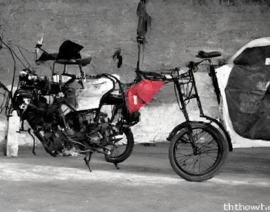 Selective red cloth & bikes against monochrome backdrop.