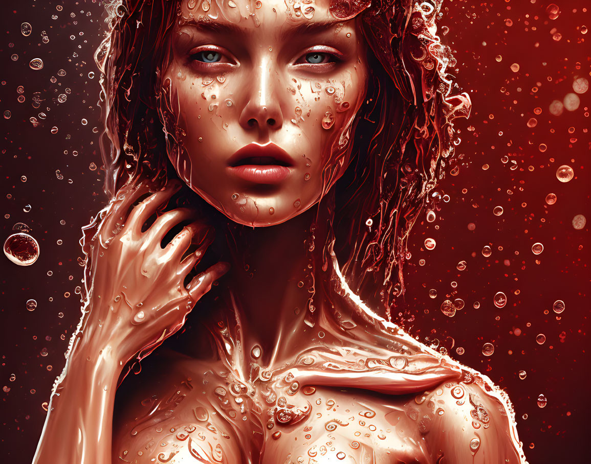 Contemplative woman with wet skin against red bubbly backdrop