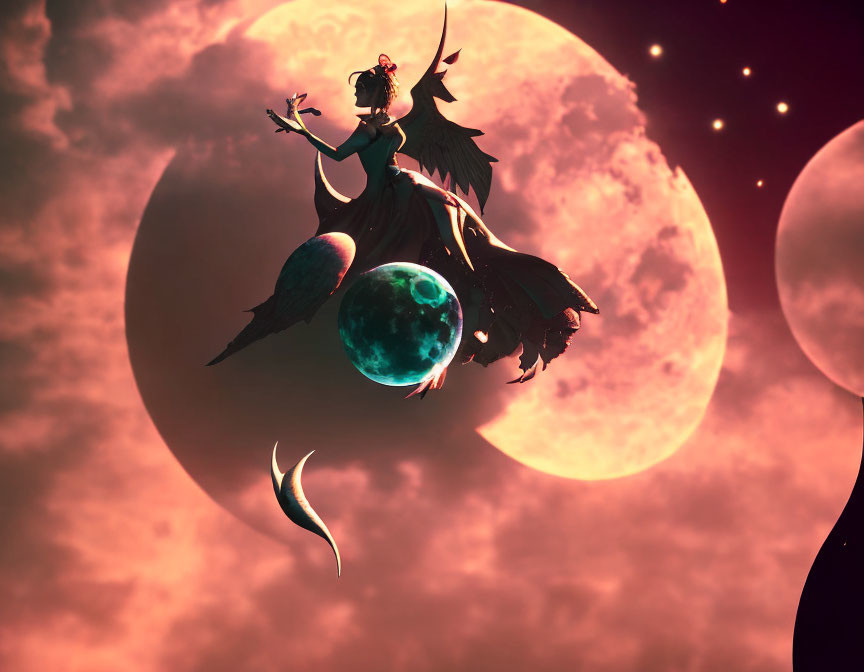 Winged female creature on green moon with pink moon and stars