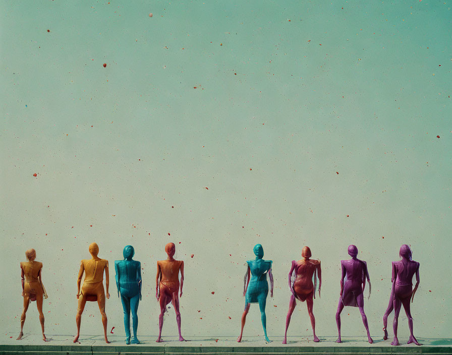 Seven colorful human figures in bodysuits against a yellow to purple gradient background