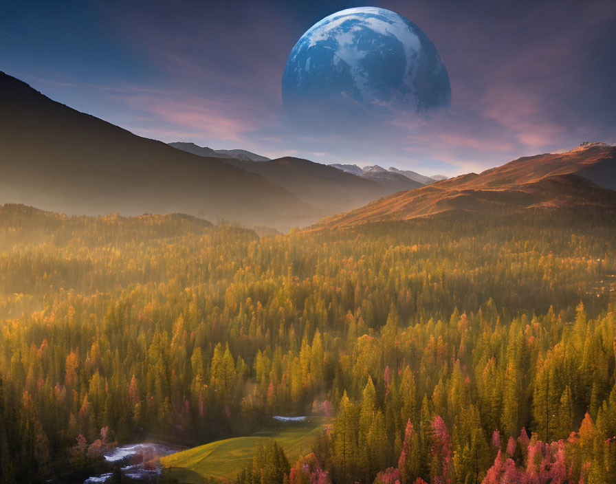 Vibrant autumn landscape with mountains, river, and oversized moon