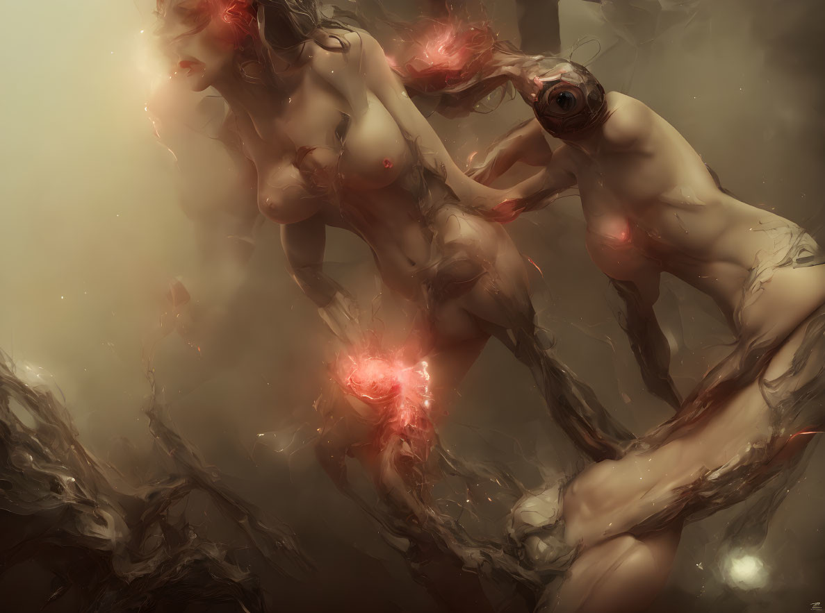 Surreal artwork featuring two figures with glowing red accents in ethereal background