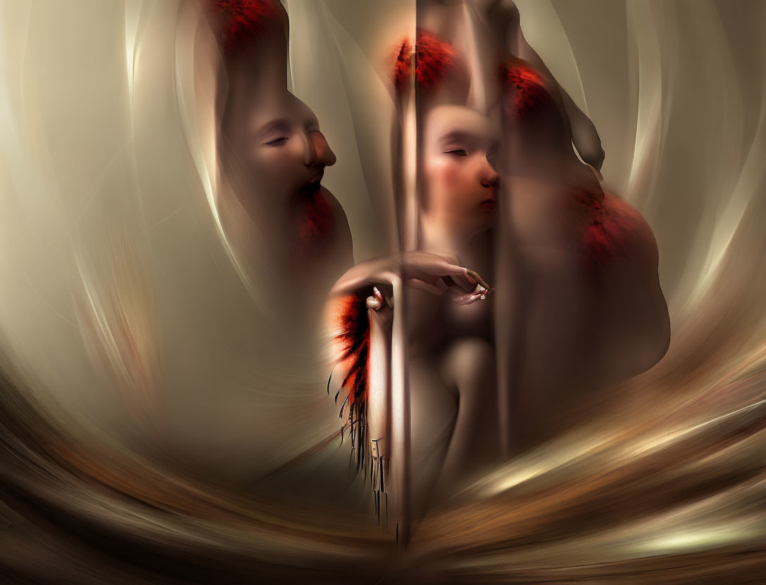 Distorted human faces merged with textures and shadows in abstract digital art