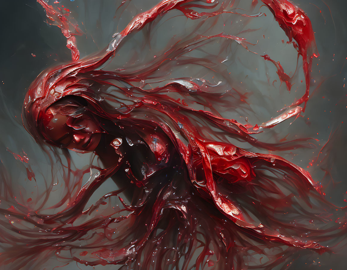 Ethereal figure with red tendrils in dynamic composition