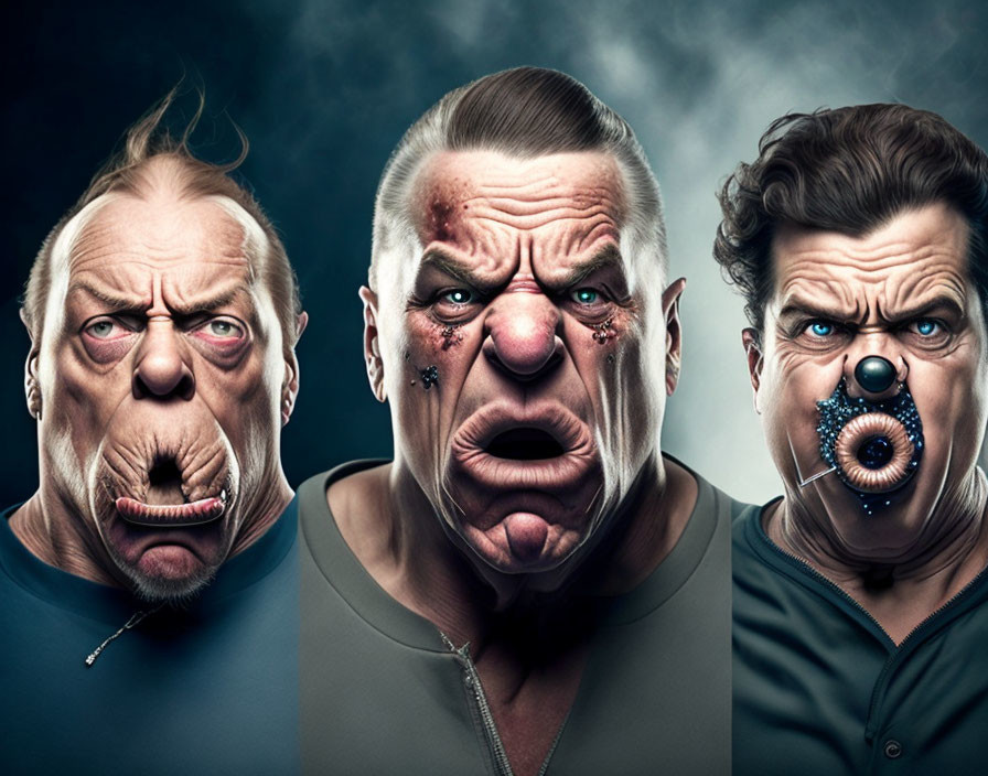 Three exaggerated male caricature faces with intense expressions on dark background