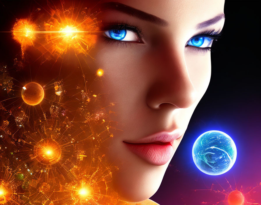 Woman's face with blue eyes and abstract orbs in sci-fi digital art