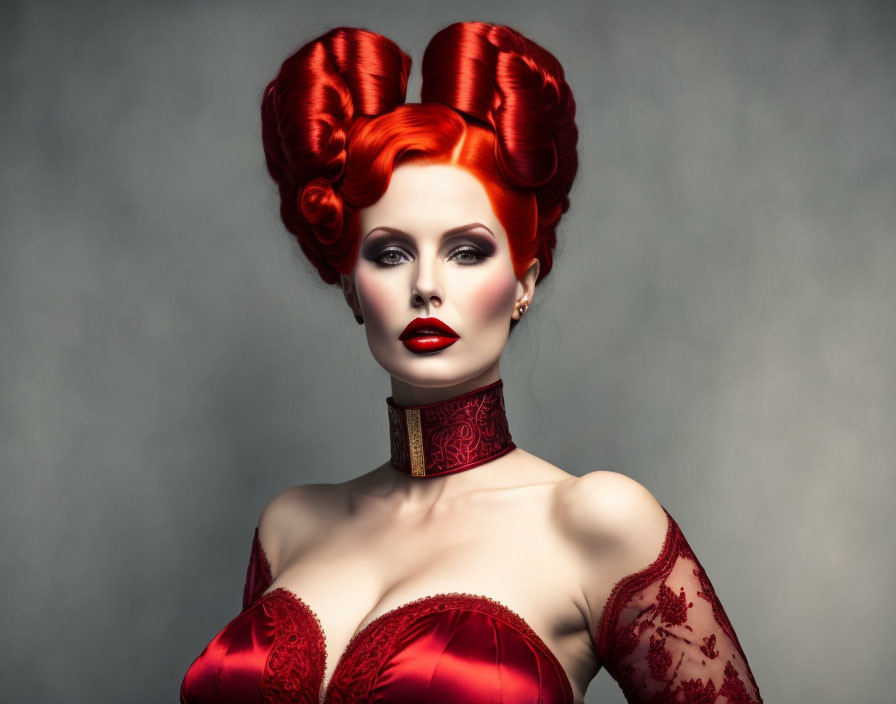 Elegant woman with elaborate red hair and dress.