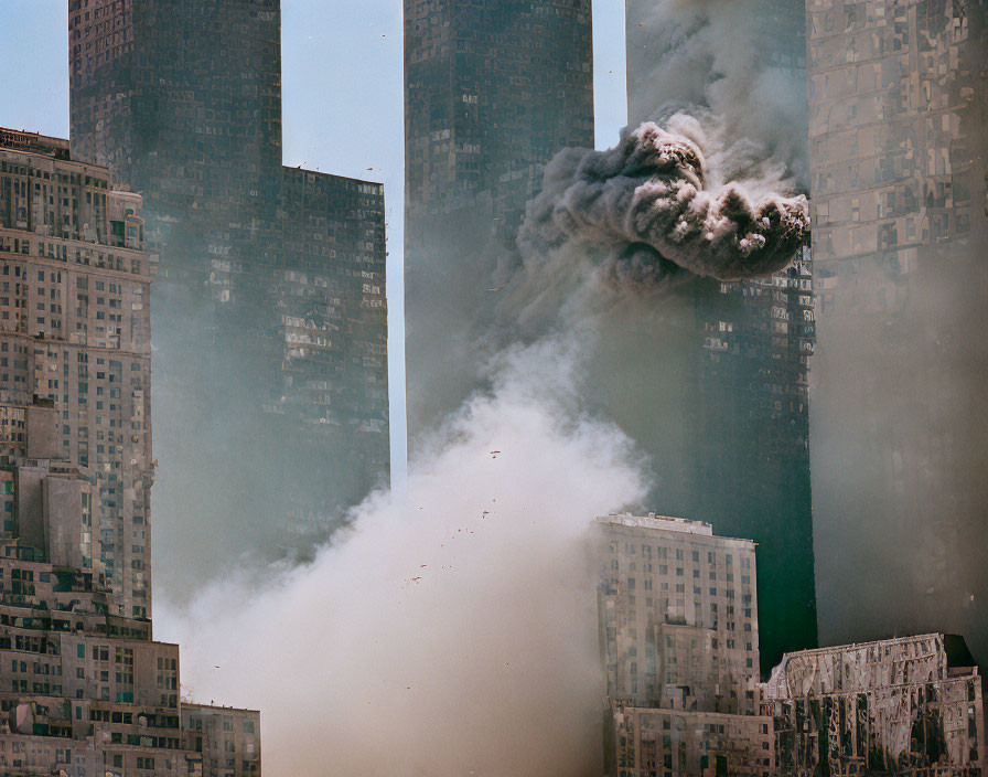 Urban skyline with high-rise building emitting billowing smoke in dense area