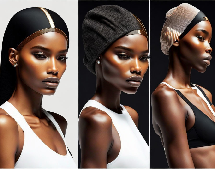 Woman in Three Headband Poses with Strong Makeup