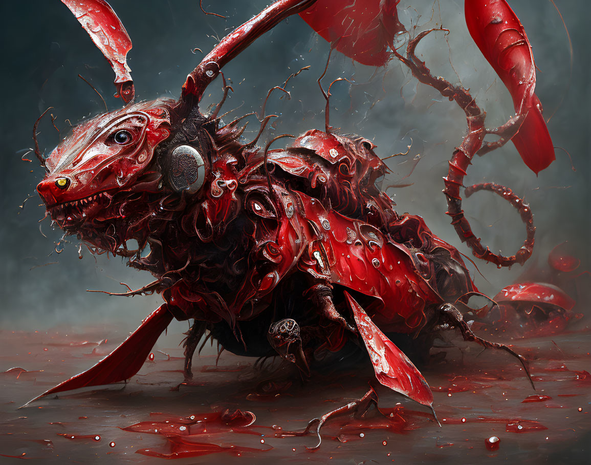 Detailed illustration: Mechanical lobster creature with exposed gears and red fluids on dark misty background