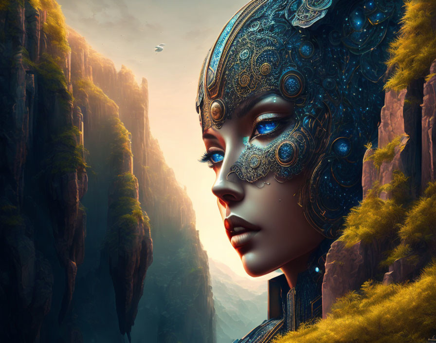 Female figure with futuristic headgear against misty cliffs.