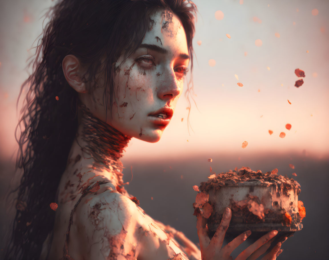 Muddy woman holding crumbling object in warm-toned setting