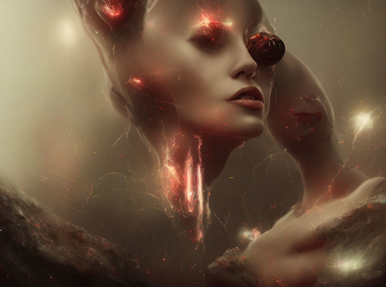 Surreal portrait of person with glowing red cracks on soft, murky background