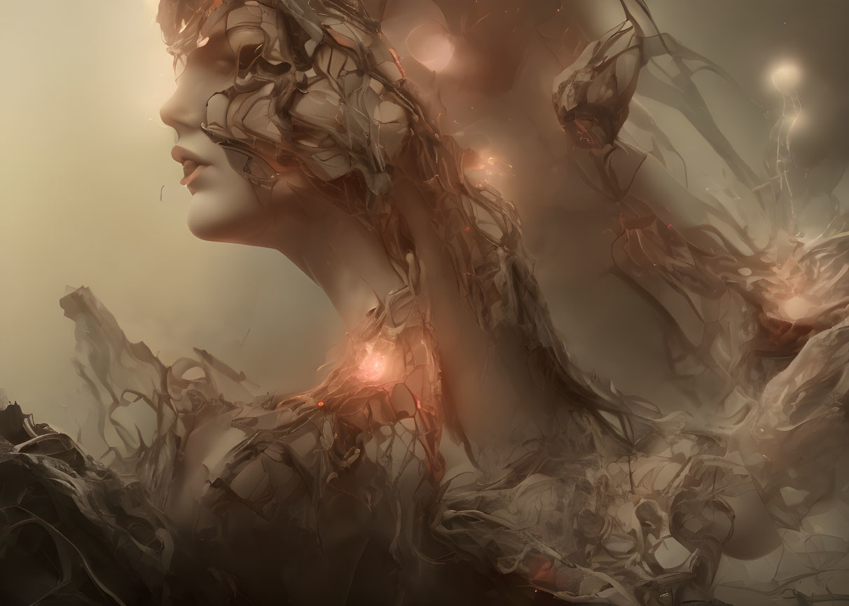 Abstract digital painting: Woman's profile dissolving into translucent strands