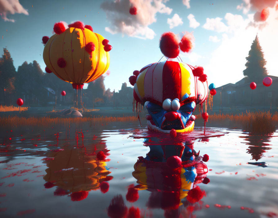 Menacing clown face in surreal sunset scene