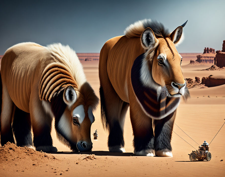 Surreal lion and antelope with unique features in desert scene