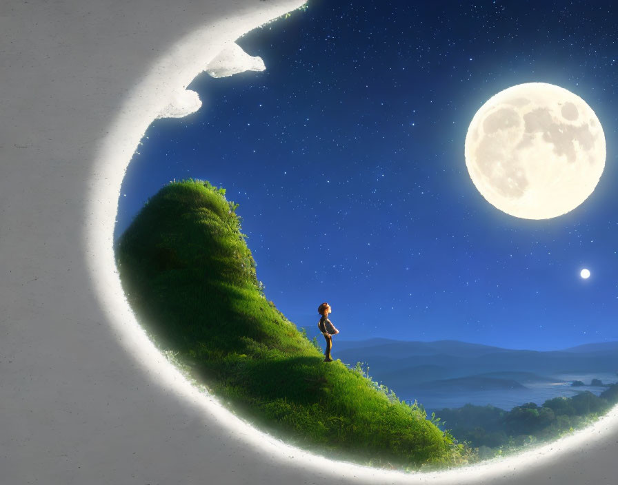 Person standing on crescent moon-shaped hill under starry sky with full moon and planet.