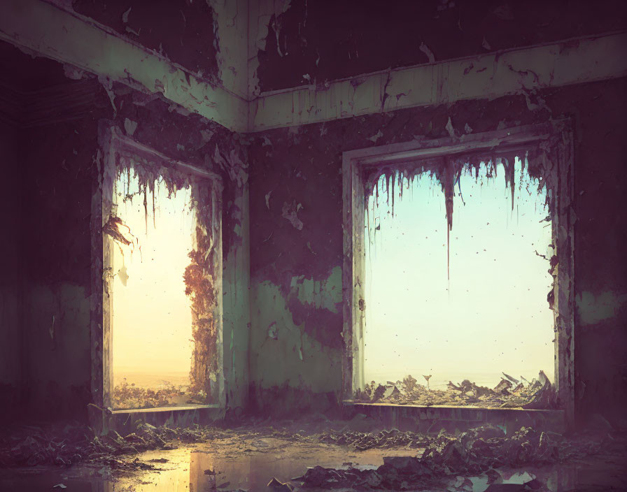 Desolate room with peeling walls and grimy windows overlooking blurred landscape