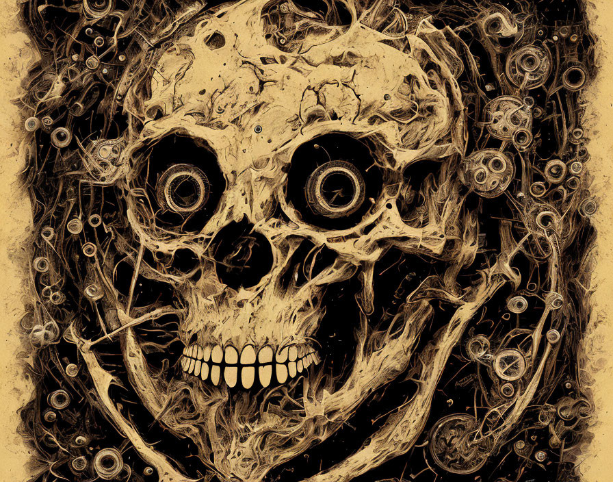 Detailed Skull Illustration with Intricate Patterns on Sepia Background