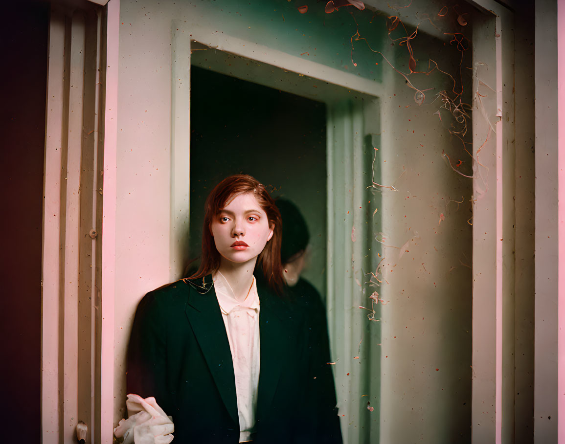 Woman in Black Blazer Standing in Doorway with Ethereal Particles