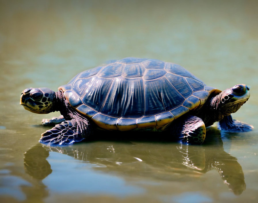 Shiny-shelled turtle basking in shallow water under sunlight