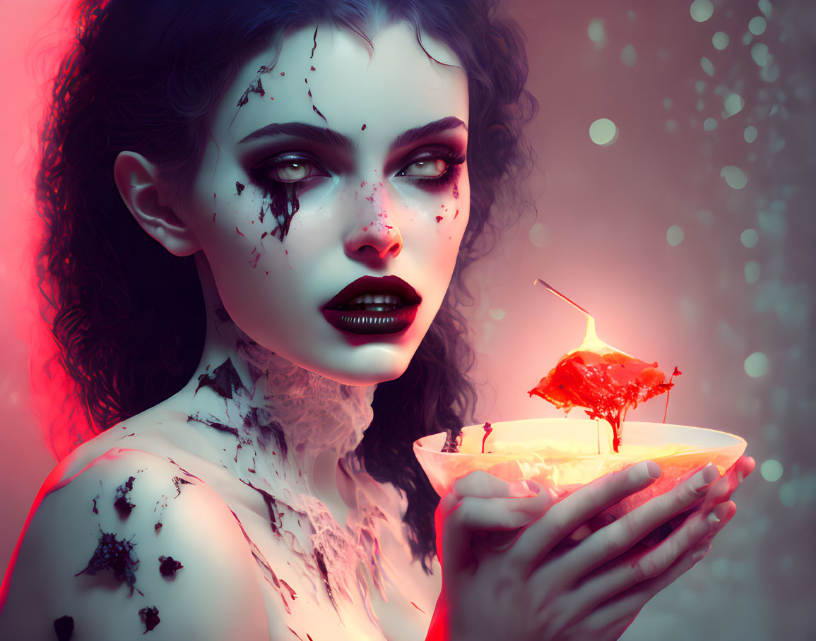 Graphic depiction of woman with dark makeup and blood splatters holding a bowl.