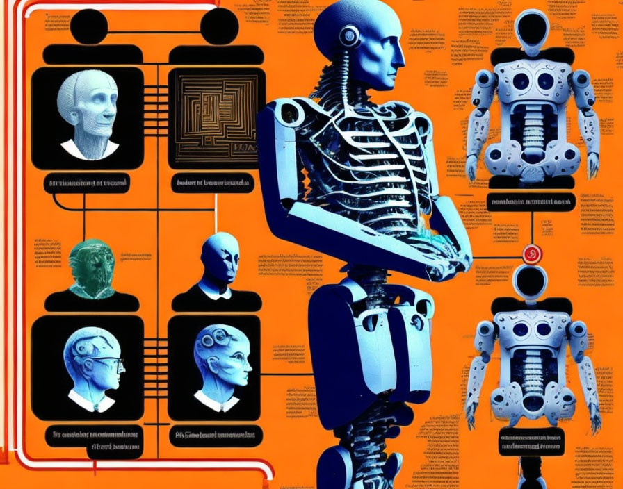 Detailed Anatomy of Humanoid Robot: Head and Torso Diagrams on Orange Background