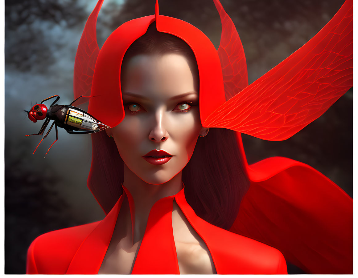 Digital Art: Woman in Red Winged Costume with Mechanical Insect in Blurred Background