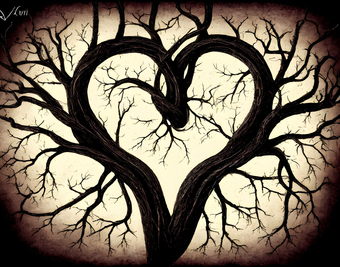 Tree branches form heart shape on textured background