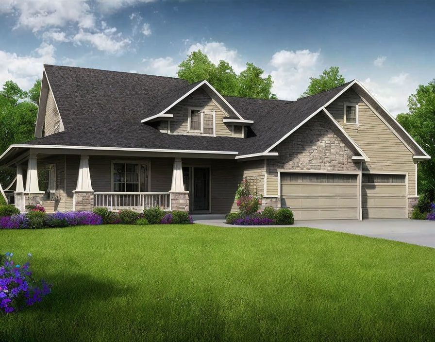 One-story house with dark roof, attached garage, white pillars, front porch, green lawn, purple