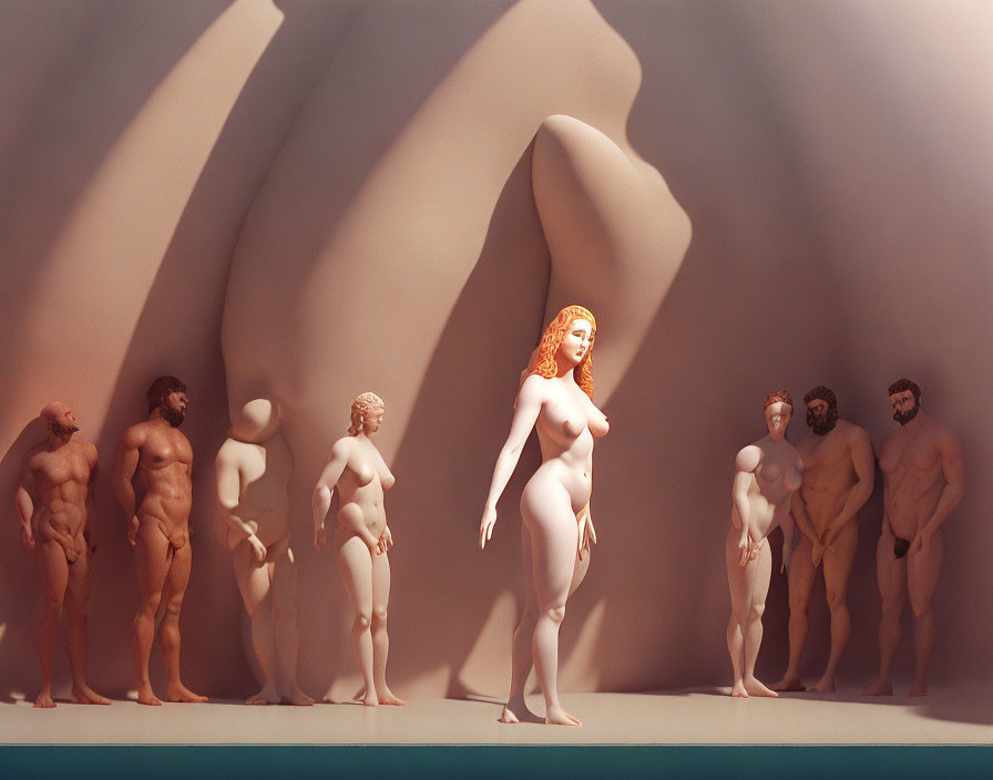 Stylized classical sculptures in gallery setting with warm light