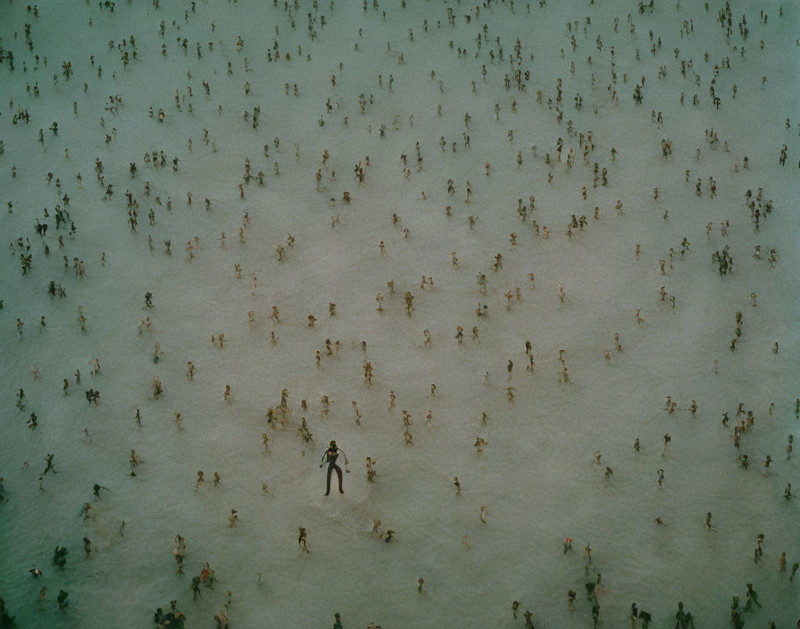 Crowd dispersed in sandy landscape, one person prominent in center