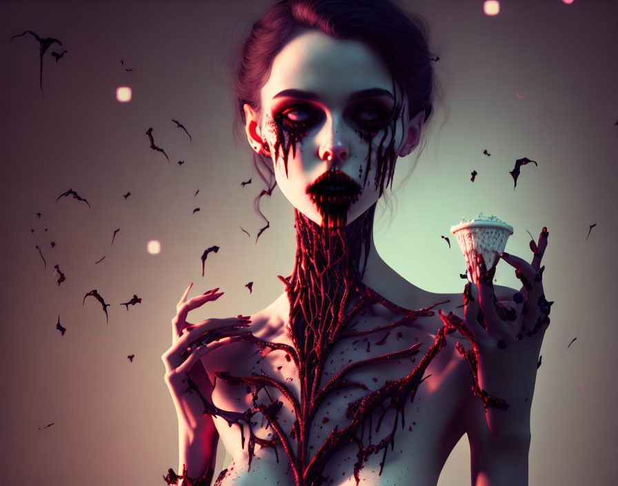 Dark Gothic Woman with Black Birds and Dripping Substance