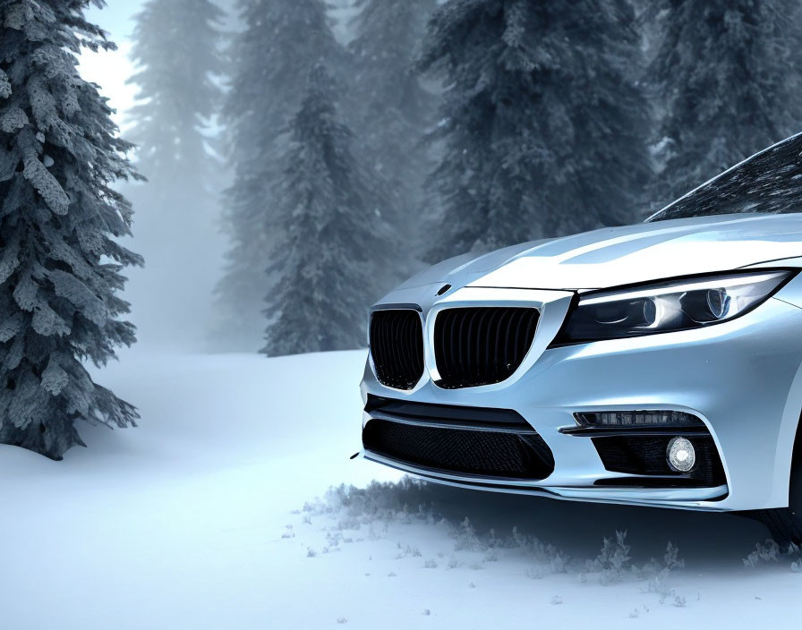 Silver Car with Headlights Partially Covered in Snow in Wintry Forest