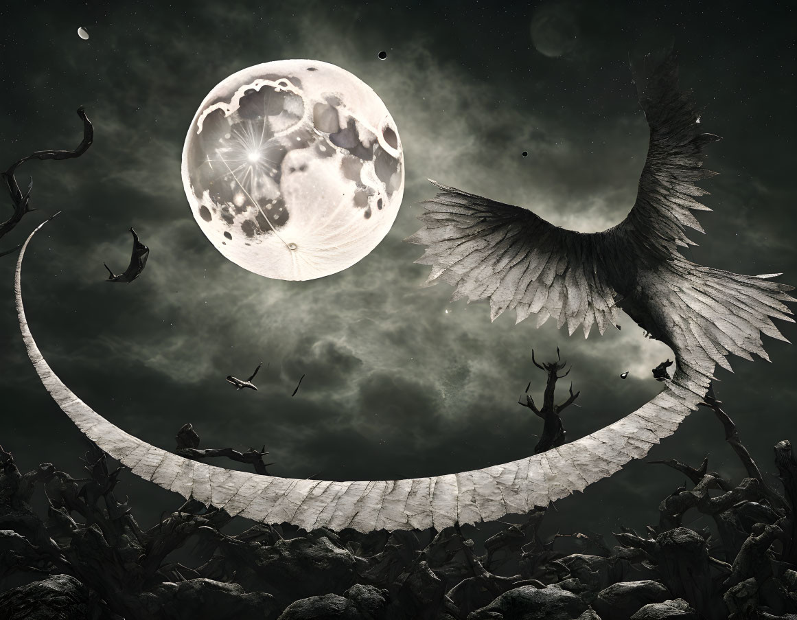 Surreal night scene with large moon, crumbling bridge, birds, and winged creature.