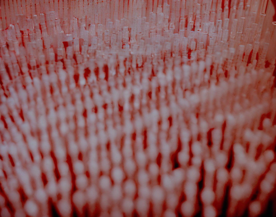 Numerous small red cylindrical rods in dense pattern with shallow depth of field.