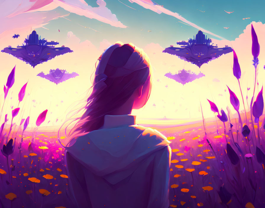 Surreal landscape with floating islands and purple fields